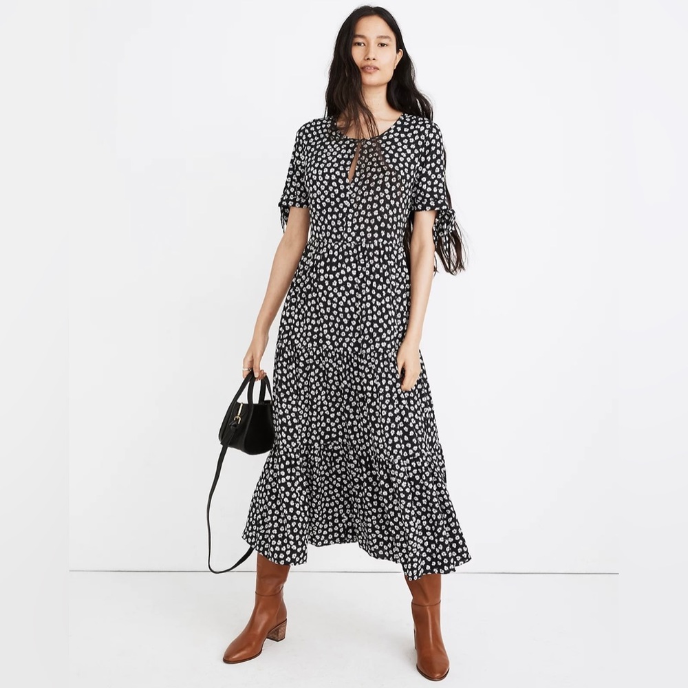 MADEWELL NWT Tie-Sleeve Tiered Midi Dress in Woodcut Flowers